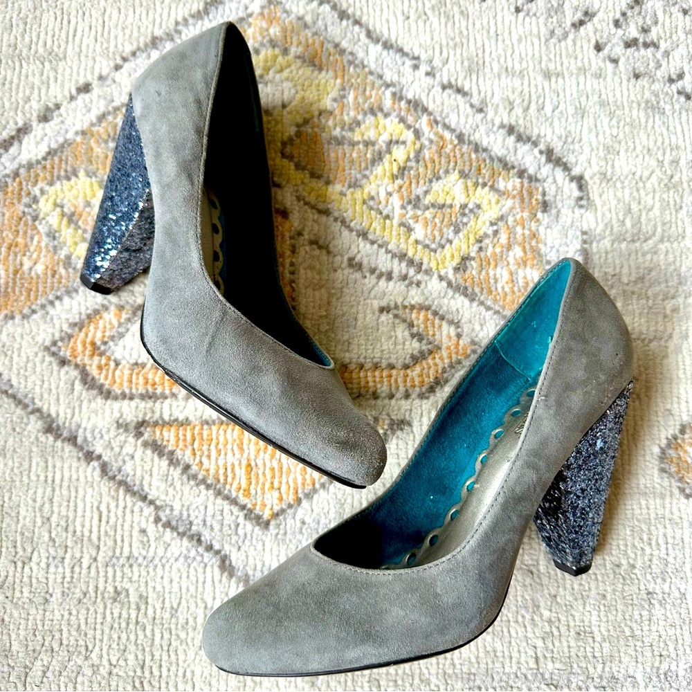 Seychelles Glitter Heel Suede Pumps Grey/Steel Blue Size 7